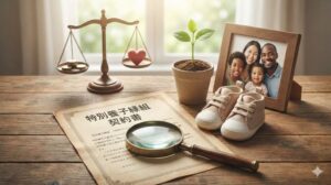 特別養子縁組の契約書、拡大鏡、天秤、家族写真、ベビーシューズが並ぶ、制度監査をイメージしたアイキャッチ画像