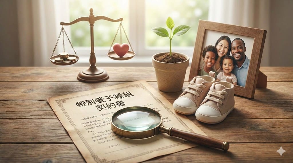 特別養子縁組の契約書、拡大鏡、天秤、家族写真、ベビーシューズが並ぶ、制度監査をイメージしたアイキャッチ画像
