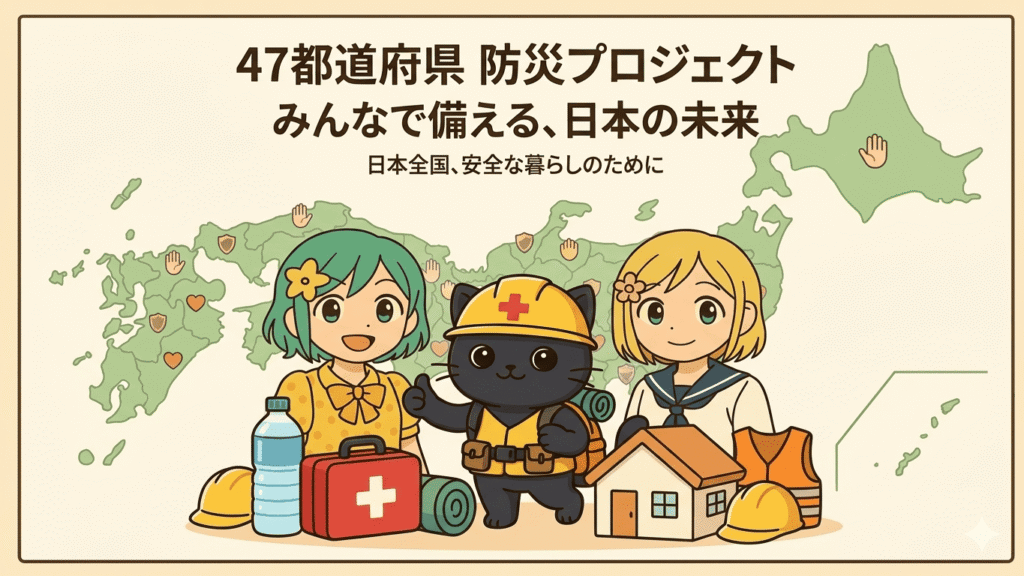 全国47都道府県防災プロジェクトの共通画像。ヘルメットをかぶり、救急箱や水のボトルとともに親指を立てる、防災準備万端の黒猫のキャラクターのイラスト。背景には日本地図が描かれている。
