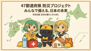 全国47都道府県防災プロジェクトの共通画像。ヘルメットをかぶり、救急箱や水のボトルとともに親指を立てる、防災準備万端の黒猫のキャラクターのイラスト。背景には日本地図が描かれている。
