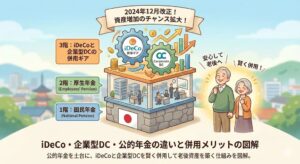 iDeCo・企業型DCと公的年金の違いを解説するイラスト。3階建ての年金構造（1階：国民年金、2階：厚生年金、3階：iDeCoと企業型DCの併用ギア）と、2024年12月改正による資産増加、安心して微笑む夫婦が描かれている。