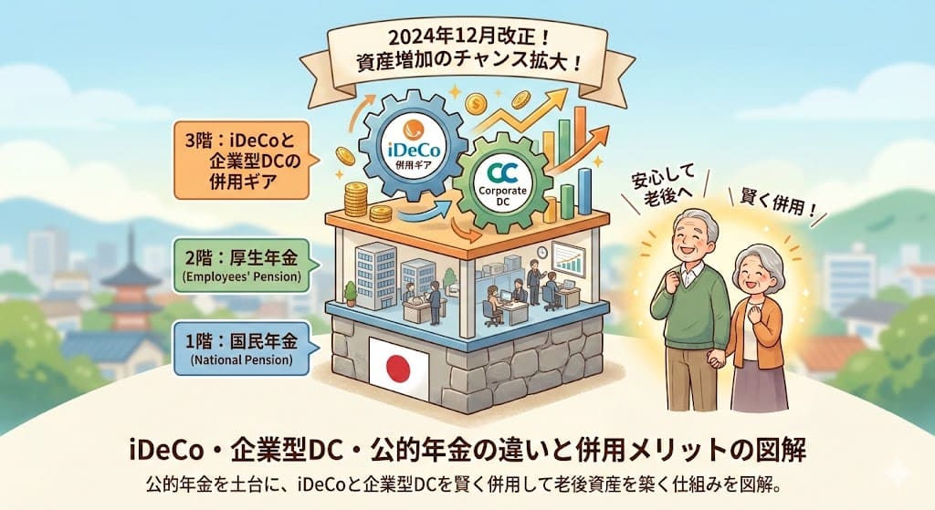 iDeCo・企業型DCと公的年金の違いを解説するイラスト。3階建ての年金構造（1階：国民年金、2階：厚生年金、3階：iDeCoと企業型DCの併用ギア）と、2024年12月改正による資産増加、安心して微笑む夫婦が描かれている。