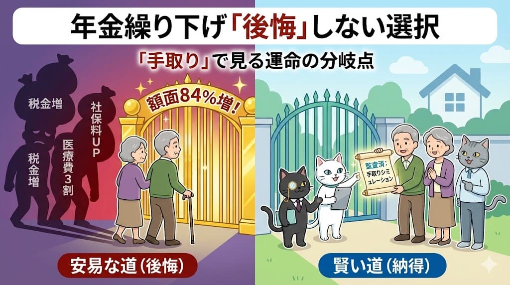 年金繰り下げ受給の「安易な道（後悔）」と「賢い道（納得）」を比較したイラスト。左側は増額の門の背後に税金や保険料の重い影があり、右側ではオウチックス調査室のキャラが「手取りシミュレーション」の結果を提示して、高齢夫婦が納得して進む様子を描いている。