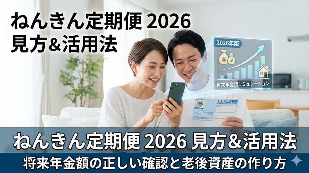 スマホでねんきん定期便のQRコードを読み取り、将来の年金額や資産形成のホログラムを確認する30代夫婦の様子。