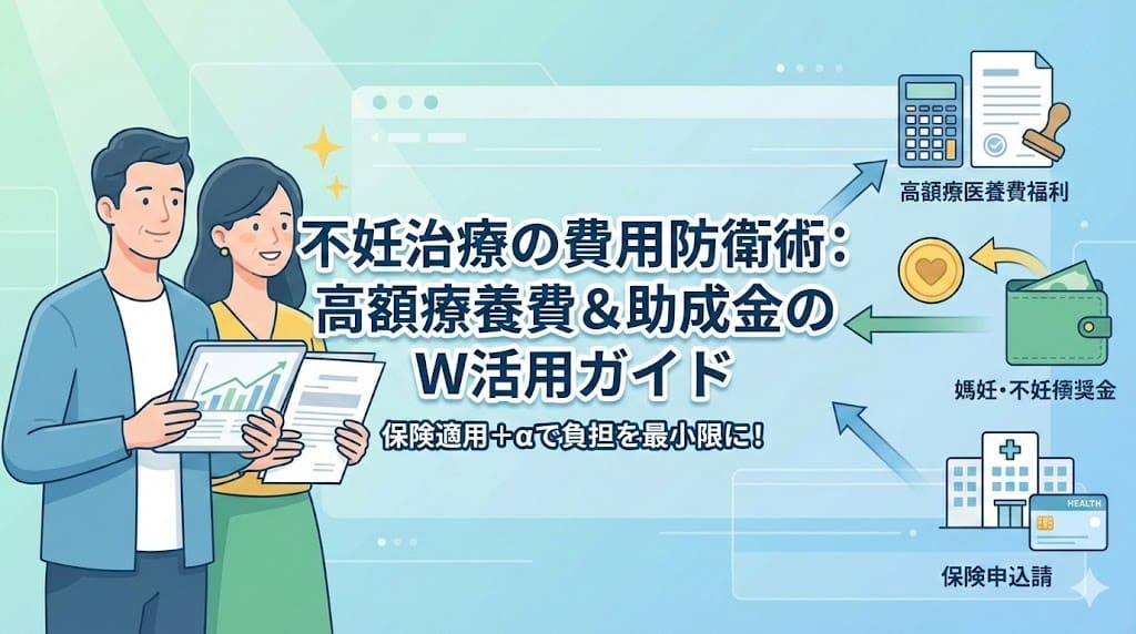 不妊治療の費用防衛術。高額療養費制度と自治体の助成金をW活用して自己負担を最小限に抑える方法を解説するインフォグラフィック。
