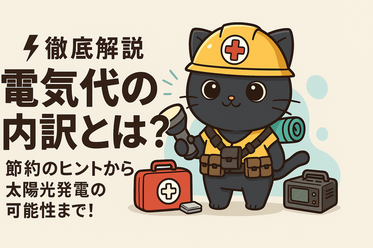 電気代の内訳を解説する黒猫キャラクターのイラスト