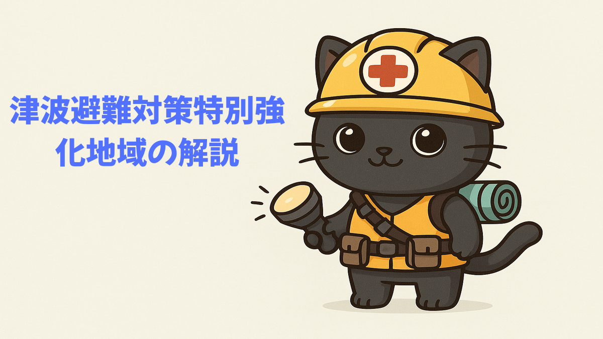 津波から避難する人々のアニメーションと「津波避難対策特別強化地域」の文字 津波から避難する人々のアニメーションと「津波避難対策特別強化地域」の文字