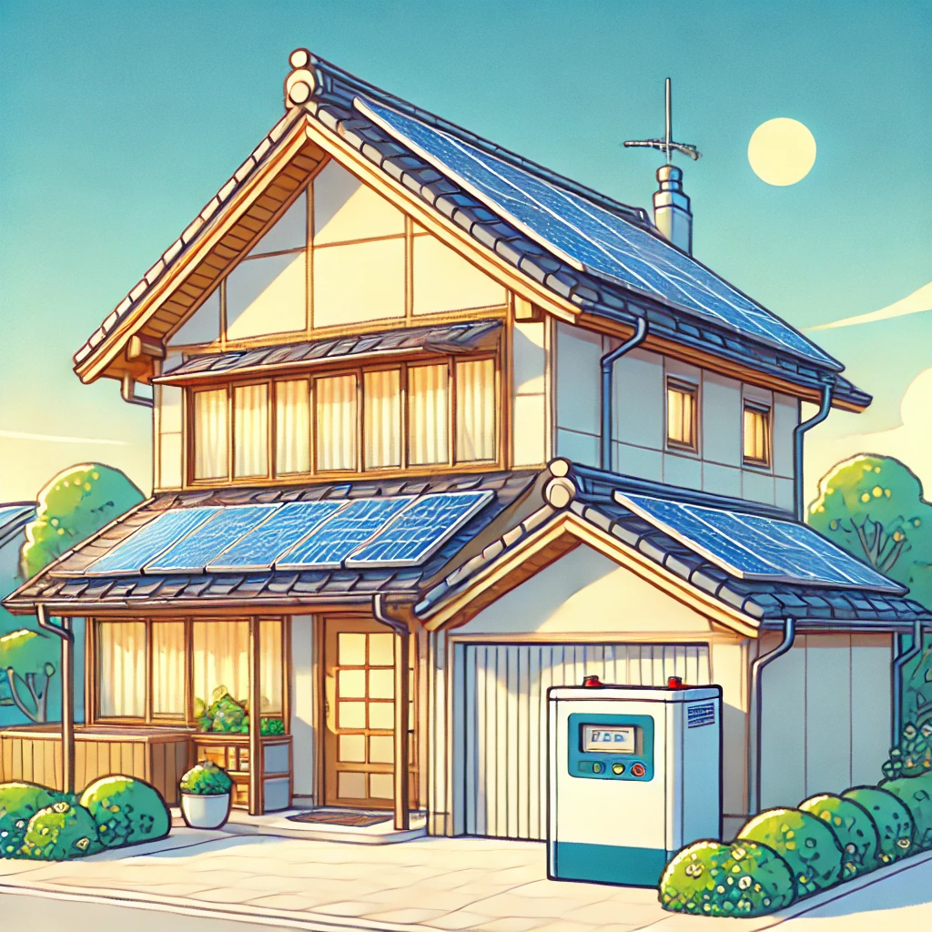太陽光パネルと蓄電池で停電対策と節電を両立する家庭のイラスト