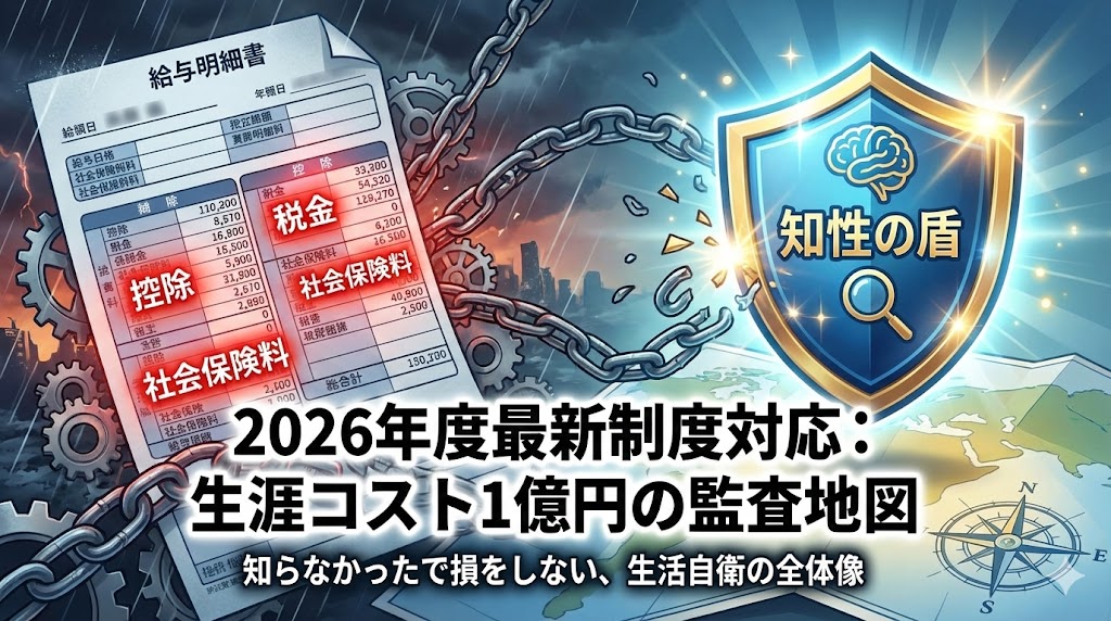 2026年度の最新制度に対応した「生涯コスト1億円の監査地図」のイメージ画像。給与明細の税金・社会保険料負担から家計を守る「知性の盾」が鎖を断ち切る様子。
