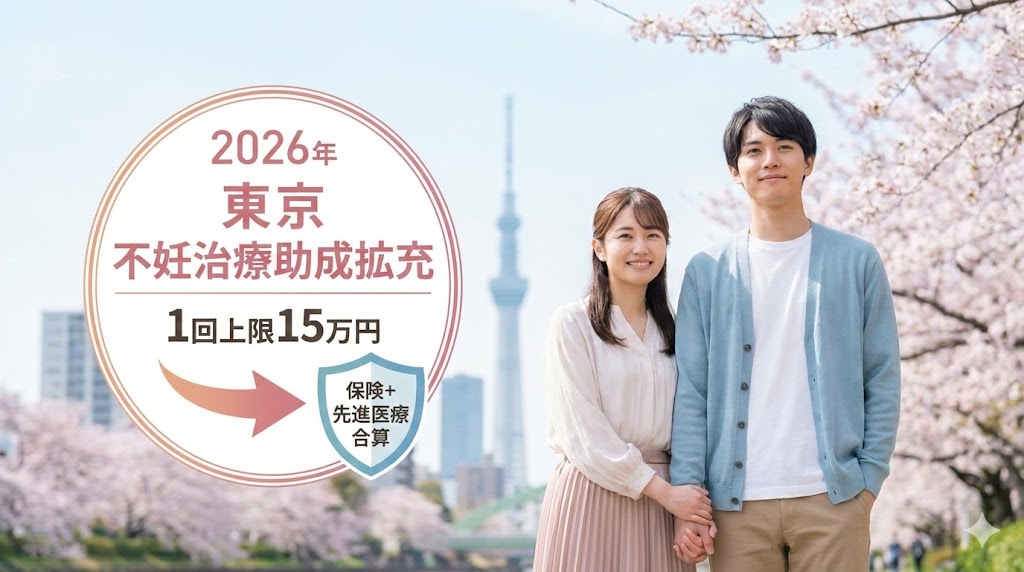2026年度の東京都不妊治療助成拡充（1回上限15万円）を告知するアイキャッチ画像 。桜と東京スカイツリーを背景にした笑顔の夫婦と、「保険＋先進医療 合算」を示すシールドアイコンのデザイン。