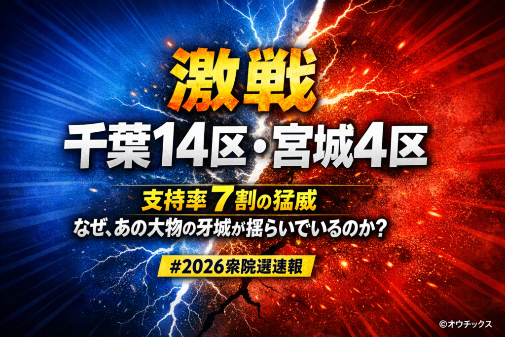 2026年衆院選の千葉14区・宮城4区の情勢を伝えるアイキャッチ画像。青と赤の雷鳴が衝突する背景に「激戦」「支持率7割の猛威」「なぜ、あの大物の牙城が揺らいでいるのか？」という文字が記載されている。