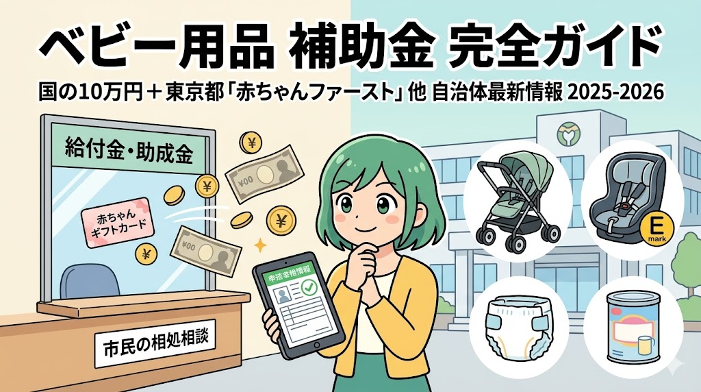 「ベビー用品補助金完全ガイド：窓口で申請手続きを行う女性と、ベビーカー・チャイルドシート・オムツ・粉ミルクのアイコン」