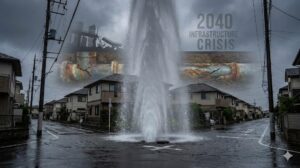 川口市の住宅街でマンホールから噴出する巨大な水柱と、その背景に重なる老朽化して錆びついた水道管、崩壊する都市のイメージ。「2040 INFRASTRUCTURE CRISIS」の文字。