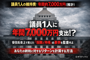 国会議事堂を背景に「議員1人に年間7,000万円支出!?」という大きな文字が書かれた、2026年衆院選の議員コスト監査に関するアイキャッチ画像。