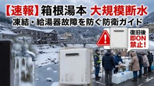 雪の箱根湯本の風景を背景に、凍結した水道の蛇口と給湯器、給水所に並ぶ人々の合成写真。「速報 箱根湯本 大規模断水 凍結・給湯器故障を防ぐ防衛ガイド」「復旧後即ON禁止！」という赤と黒の警告テキストが大きく表示されたYouTubeサムネイル風のアイキャッチ画像。