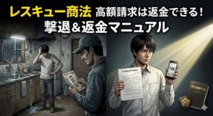 レスキュー商法（水回り修理詐欺）の高額請求に困惑する被害者と、特定商取引法（クーリング・オフ）や消費者ホットライン188を活用して自衛・返金アクションを起こす人の対比イラスト