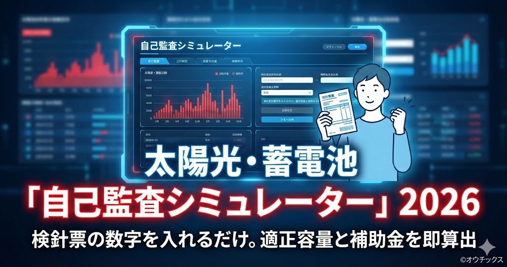太陽光・蓄電池シミュレーター2026のアイキャッチ画像。検針票を手にする男性と、電気料金から適正容量と補助金を算出するデジタルダッシュボードのイメージ。