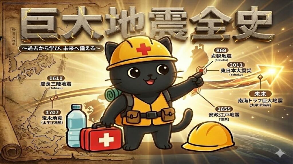 巨大地震全史シリーズのメインビジュアル。防災装備をした黒猫のキャラクター（クロマル）が、日本地図上の過去の巨大地震（貞観地震、慶長三陸地震、宝永地震、安政江戸地震、東日本大震災）と未来の南海トラフ地震を指差しているイラスト。～過去から学び、未来へ備える～