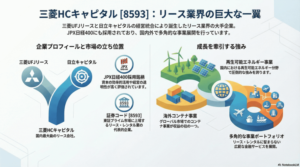 三菱UFJリースと日立キャピタルの統合から、現在の主要事業（再エネ・コンテナ）までを解説するフロー図