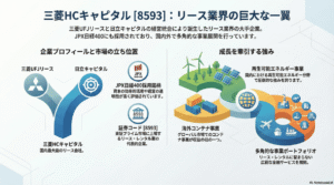 三菱UFJリースと日立キャピタルの統合から、現在の主要事業（再エネ・コンテナ）までを解説するフロー図