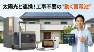 太陽光パネル付きの現代的な日本の住宅の前で、一般的で抽象的な大容量ポータブル電源（マットグレー、ダークグレー、シルバーの金属質感、特定のブランドロゴなし）が家の分電盤（ATS）や冷蔵庫、壁掛けエアコンに電力を供給している写真。同じ満足そうな男性がタブレットを持って、画面に「Home Backup System Active」と表示された抽象的なエネルギーフローのグラフィックを指差している。上部には日本語テキスト「太陽光と連携！工事不要の“動く蓄電池”」が太字で読みやすく配置。明るく、信頼感のあるトーン。