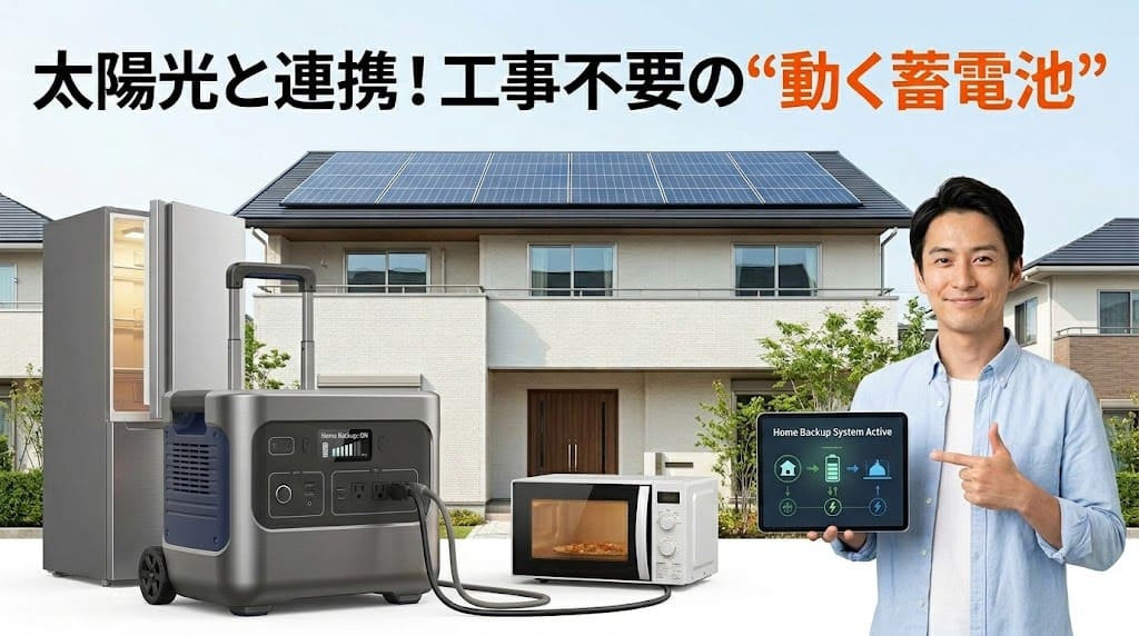 太陽光パネル付きの現代的な日本の住宅の前で、一般的で抽象的な大容量ポータブル電源（マットグレー、ダークグレー、シルバーの金属質感、特定のブランドロゴなし）が家の分電盤（ATS）や冷蔵庫、壁掛けエアコンに電力を供給している写真。同じ満足そうな男性がタブレットを持って、画面に「Home Backup System Active」と表示された抽象的なエネルギーフローのグラフィックを指差している。上部には日本語テキスト「太陽光と連携！工事不要の“動く蓄電池”」が太字で読みやすく配置。明るく、信頼感のあるトーン。