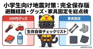 ヘルメットを被った黒猫のキャラクター「クロマル」が、小学生向けの地震対策（100均グッズ・家具固定・避難経路）を解説する生存自衛チェックリストのアイキャッチ画像。