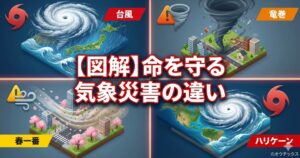 台風、竜巻、春一番、ハリケーンの4つの気象災害のイラストと、「【図解】命を守る気象災害の違い」という中央のタイトル文字、右下に「©オウチックス」のロゴが入ったアイキャッチ画像。