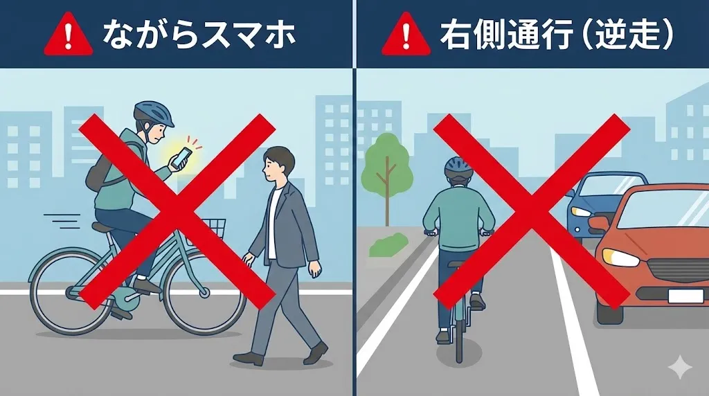 自転車のながらスマホと右側通行(逆走)が禁止行為であることを示すイラスト。