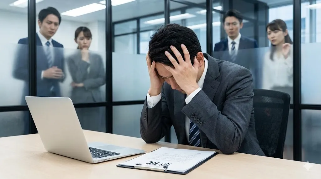 オフィスで頭を抱えるスーツ姿の男性と、彼を見つめる同僚たち。机には「懲戒」と書かれた書類がある。