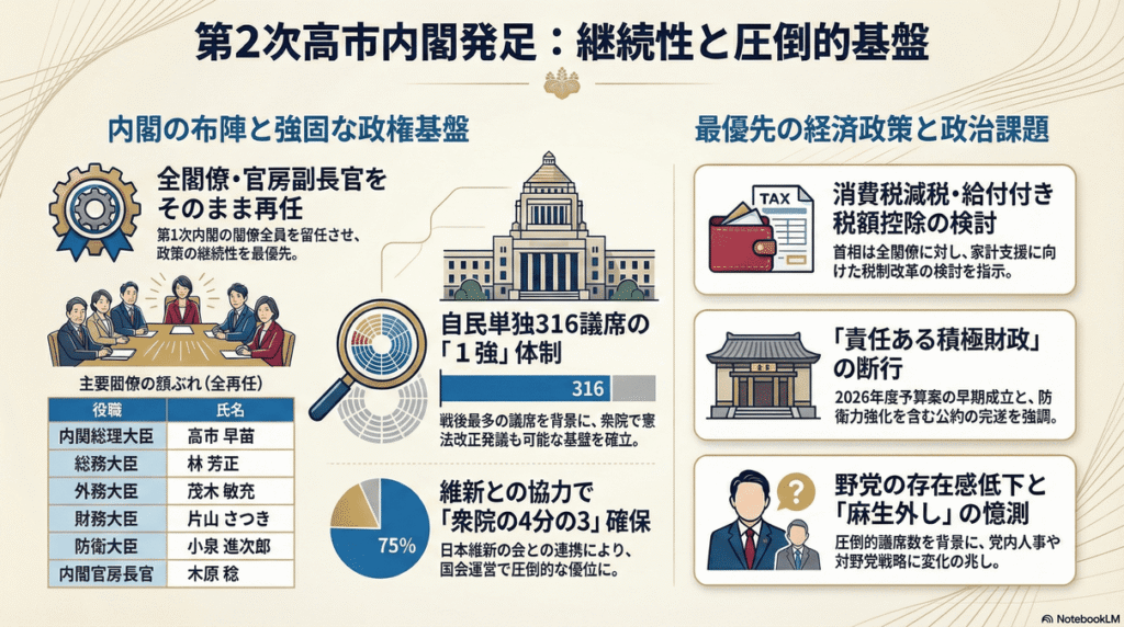 第2次高市内閣発足の概要図。全閣僚再任、自民316議席の1強体制、消費税減税・給付付き税額控除の検討指示などをまとめたインフォグラフィック。