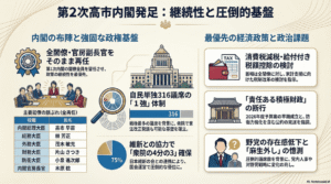 第2次高市内閣発足の概要図。全閣僚再任、自民316議席の1強体制、消費税減税・給付付き税額控除の検討指示などをまとめたインフォグラフィック。