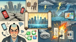 浮世絵風のイラスト。中央の巻物には現代の都市が描かれ、その周囲に地震で割れる大地とスマホの警報、雷と豪雨による冠水とハザードマップ、コンセントからの火災と火災報知器、怒る親父と途絶えた通信アイコンが配置されている。「地震雷火事親父」を現代の防災の文脈で表現した画像。