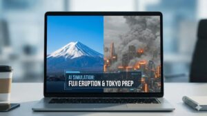 富士山と、噴火で火山灰が降る東京の街並みが対比されたAIシミュレーションの画面を表示するノートパソコン。