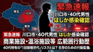 埼玉県川口市のはしか感染速報アイキャッチ画像。埼玉・東京の地図とマスク姿の男性シルエット、はしかウイルスのイメージ、「商業施設・温浴施設等 広範囲行動歴」のテキスト。