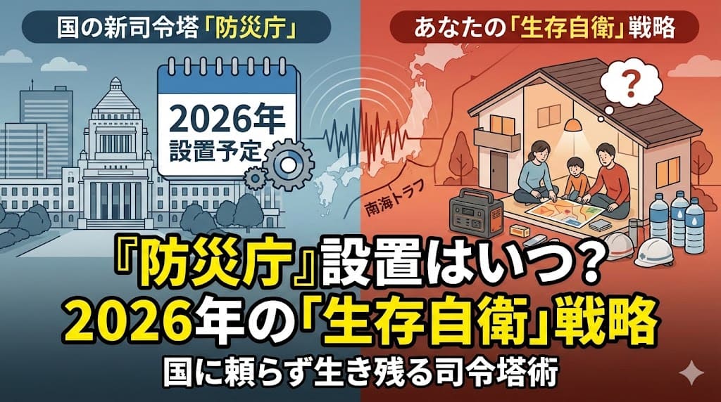 防災庁の設置時期と2026年の生存自衛戦略を解説するアイキャッチ画像。国会議事堂と避難準備をする家族の対比。