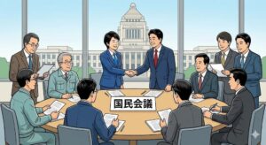 「国民会議」のイメージイラスト。中央の「国民会議」と書かれた円卓を囲み、異なる色のネクタイ（赤や青など）をした政治家が握手を交わしたり、学者風の人物や作業着の市民代表が資料を見ながら活発に議論したりしている。窓の外には国会議事堂が見え、超党派で協力して国の政策を話し合う「協議の枠組み」であることを表現している。