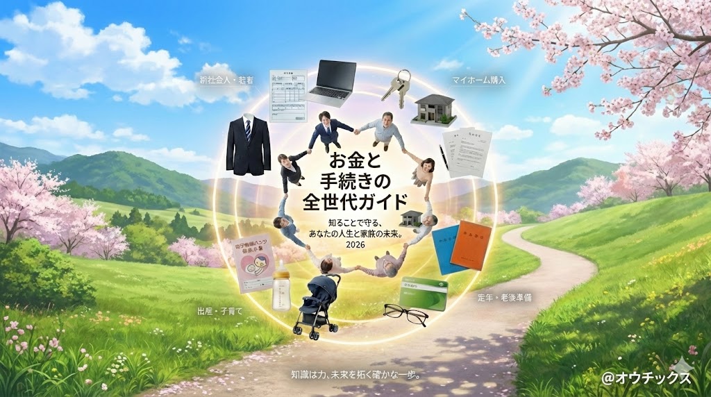 満開の桜と青空を背景に、全世代の人々が手をつなぐ輪と、就職・出産・マイホーム・老後を象徴するアイテムが並ぶ、ライフステージ別お金と手続きガイドのアイキャッチ画像。