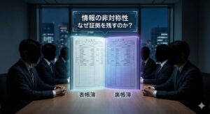 暗い会議室で、中央の光り輝く『表帳簿』と『裏帳簿』を見つめる影のような人物たちのイラスト。背景には『情報の非対称性 なぜ証拠を残すのか？』という問いかけの文字。