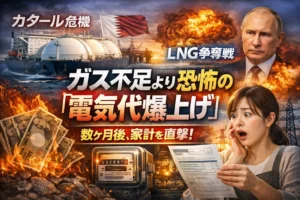 カタールLNG停止による電気代高騰危機と、ポータブル電源や太陽光・蓄電池を活用したエネルギー自衛（出口戦略）のイメージ