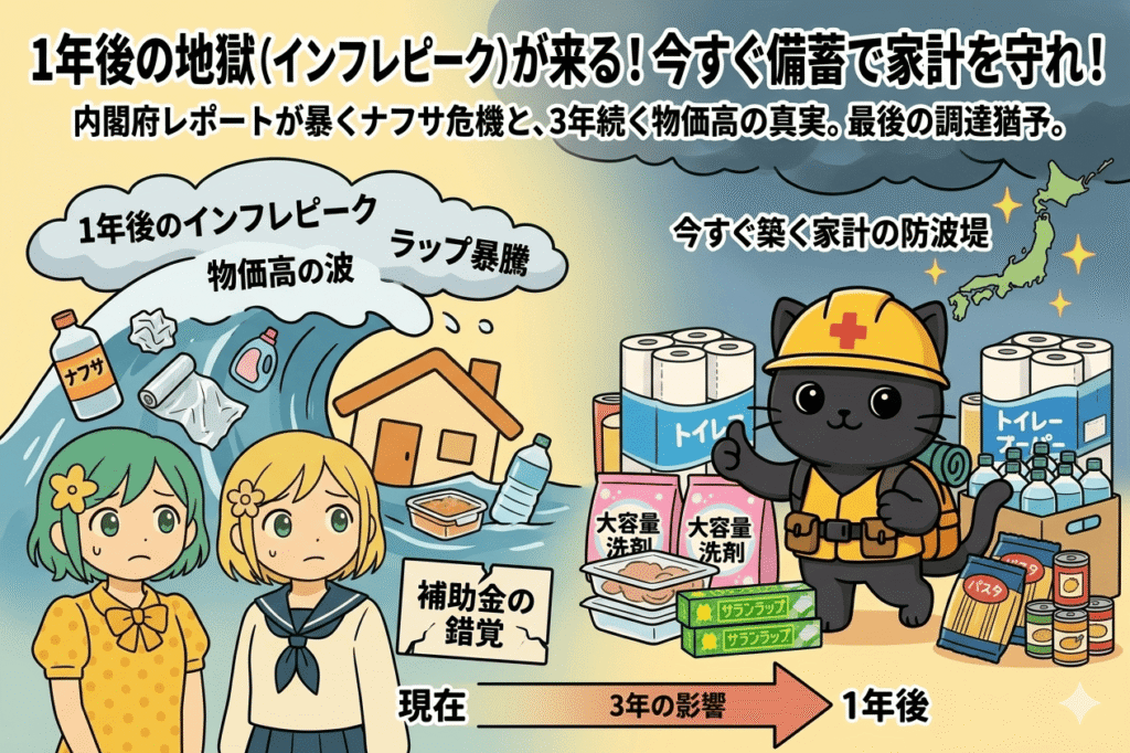 内閣府レポートに基づく1年後のインフレピーク危機と生活自衛セットの重要性を伝えるイラスト。左側では不安げな2人の女子高生が『物価高の波』とナフサ・ラップ・洗剤・ペットボトルに飲み込まれ、上部に『1年後のインフレピーク』『ラップ暴騰』の吹き出しがある。右側では自信ありげな黒猫の災害救助隊員が、大量の『大容量洗剤』『サランラップ』『トイレットペーパー』『パスタ』『缶詰』のストックに囲まれ、上部に『今すぐ築く家計の防波堤』の吹き出しがある。中央上部には『1年後の地獄（インフレピーク）が来る！ 今すぐ備蓄で家計を守れ！』とサブタイトル。下部には『現在』から『1年後』へのタイムライン矢印がある。