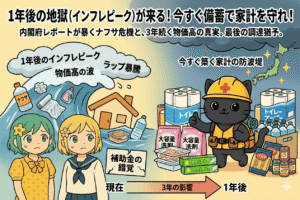 内閣府レポートに基づく1年後のインフレピーク危機と生活自衛セットの重要性を伝えるイラスト。左側では不安げな2人の女子高生が『物価高の波』とナフサ・ラップ・洗剤・ペットボトルに飲み込まれ、上部に『1年後のインフレピーク』『ラップ暴騰』の吹き出しがある。右側では自信ありげな黒猫の災害救助隊員が、大量の『大容量洗剤』『サランラップ』『トイレットペーパー』『パスタ』『缶詰』のストックに囲まれ、上部に『今すぐ築く家計の防波堤』の吹き出しがある。中央上部には『1年後の地獄（インフレピーク）が来る！ 今すぐ備蓄で家計を守れ！』とサブタイトル。下部には『現在』から『1年後』へのタイムライン矢印がある。