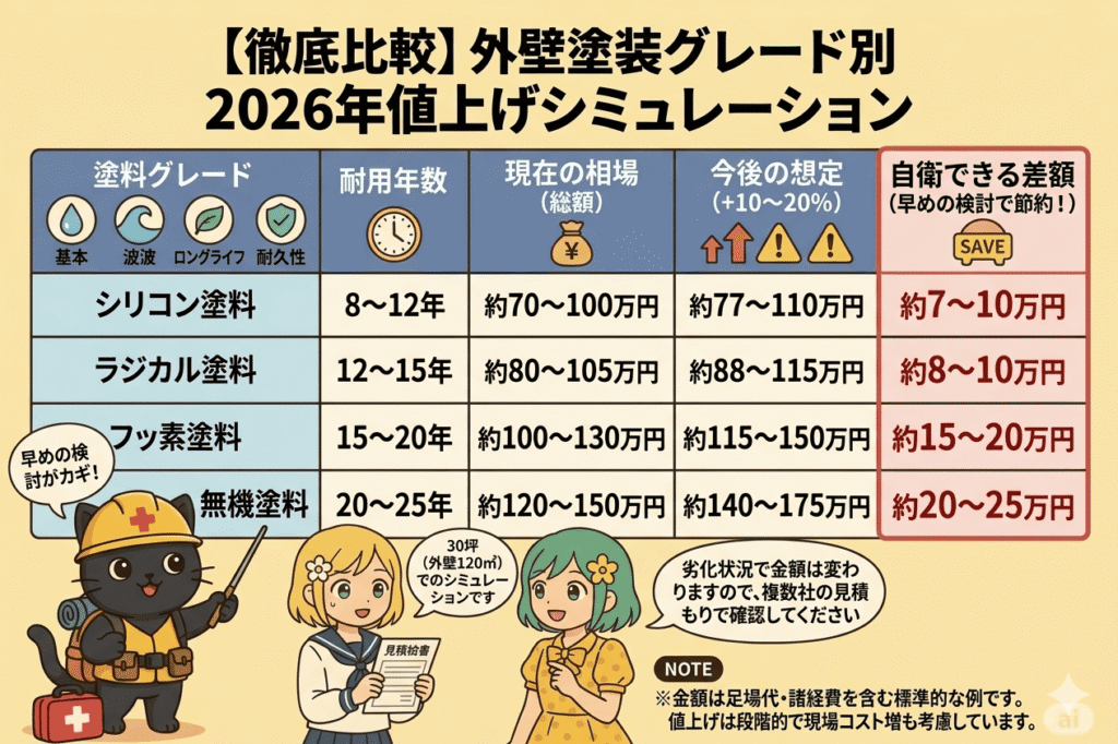 外壁塗装グレード別の2026年値上げシミュレーション表。シリコン、ラジカル、フッ素、無機塗料の耐用年数、現在相場（70-150万円）、今後の想定（77-175万円）、自衛できる差額（7-25万円）を比較。30坪住宅での例、ヘルメット猫と女子生徒が説明している。