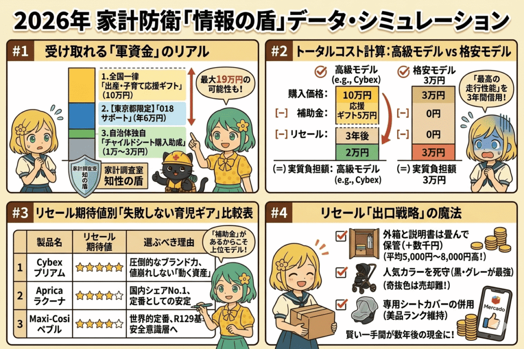2026年家計防衛「情報の盾」データ・シミュレーション図。4つのセクションで構成：#1 受給できる最大19万円の軍資金内訳、#2 高級モデルと格安モデルの3年後のトータルコスト比較（高級モデルの方が実質負担が少ない計算）、#3 サイベックスやアップリカなど人気育児ギアのリセール期待値比較表、#4 外箱保管や色選びなど、売却価格を上げるための「出口戦略」チェックリスト。