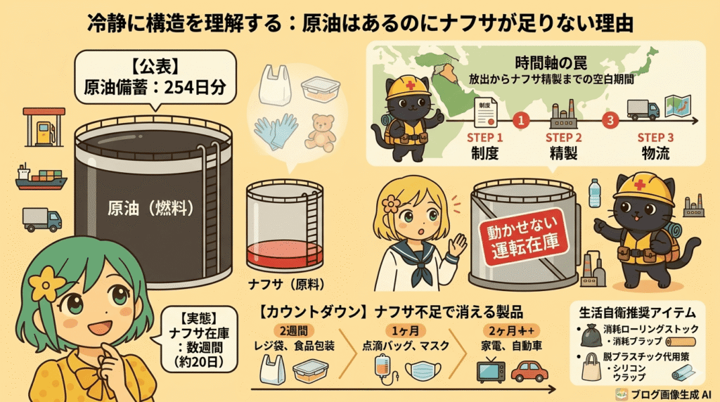 "記事の内容を統合した詳細なアニメイラスト。タイトルは『冷静に構造を理解する:原油はあるのにナフサが足りない理由』。上部には日本地図と供給網、中央には大きな原油タンクと小さなナフサタンク、blonde髪の女性、緑髪の女性が描かれている。下部には『カウントダウン:消える製品』のタイムラインと『生活自衛推奨アイテム』リストが配置され、原油とナフサの構造的な問題と自衛策を網羅的に視覚化している。"