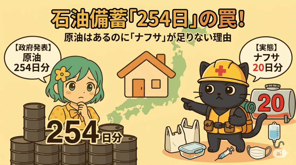 "アニメスタイルのブログ用アイキャッチ画像。タイトルは『石油備蓄「254日」の罠！』。左側にはドラム缶と『原油 254日分（政府発表）』の吹き出し、右側には黒猫救助隊員がドラム缶と『ナフサ 20日分（実態）』の吹き出しを指差す。手前には買い物袋、医療用品、マスク、弁当容器が描かれ、原油とナフサの備蓄量の大きな差を視覚化している。"