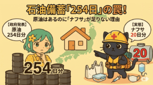 "アニメスタイルのブログ用アイキャッチ画像。タイトルは『石油備蓄「254日」の罠！』。左側にはドラム缶と『原油 254日分（政府発表）』の吹き出し、右側には黒猫救助隊員がドラム缶と『ナフサ 20日分（実態）』の吹き出しを指差す。手前には買い物袋、医療用品、マスク、弁当容器が描かれ、原油とナフサの備蓄量の大きな差を視覚化している。"