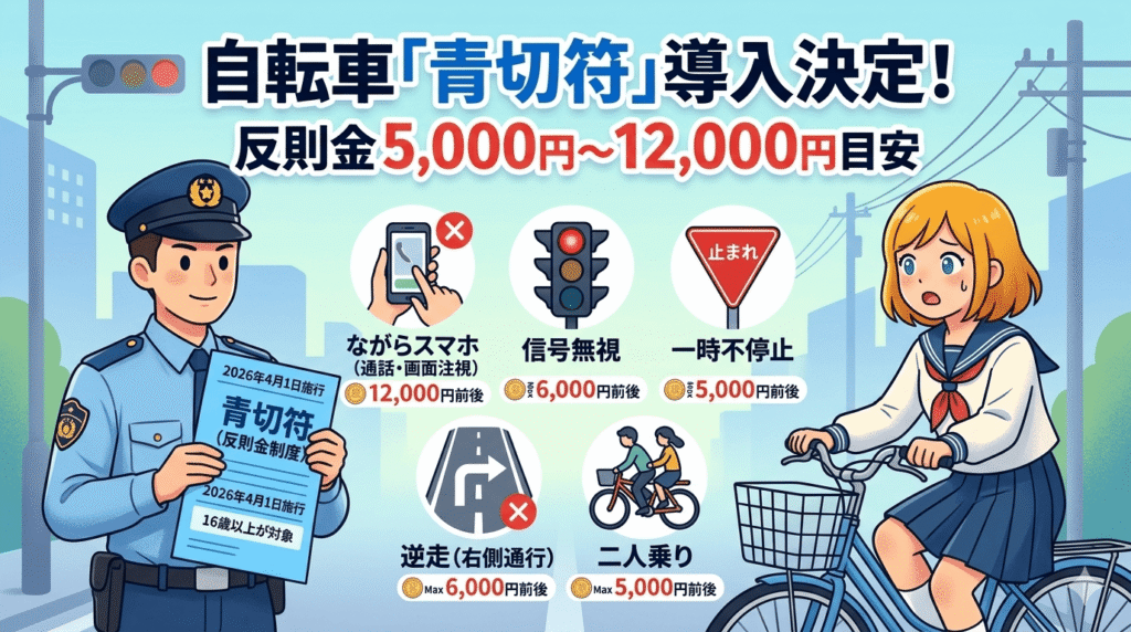 「自転車『青切符』導入決定！」という大きなタイトルと、反則金の目安「5,000円〜12,000円目安」が書かれた、ブログ記事のアイキャッチ解説イラスト。左側に警察官が「青切符（反則金制度）」と書かれた青い文書（2026年4月1日施行、16歳以上対象）を掲げ、右側には自転車に乗って驚く女子高校生が描かれている。中央には具体的な違反例と反則金の目安が5つのアイコンで示されている。具体的には「ながらスマホ（Max 12,000円前後）」、「信号無視（Max 6,000円前後）」、「一時不停止（Max 5,000円前後）」、「逆走（Max 6,000円前後）」、「二人乗り（Max 5,000円前後）」の5つ。背景は街の風景。