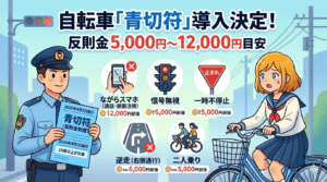 「自転車『青切符』導入決定！」という大きなタイトルと、反則金の目安「5,000円〜12,000円目安」が書かれた、ブログ記事のアイキャッチ解説イラスト。左側に警察官が「青切符（反則金制度）」と書かれた青い文書（2026年4月1日施行、16歳以上対象）を掲げ、右側には自転車に乗って驚く女子高校生が描かれている。中央には具体的な違反例と反則金の目安が5つのアイコンで示されている。具体的には「ながらスマホ（Max 12,000円前後）」、「信号無視（Max 6,000円前後）」、「一時不停止（Max 5,000円前後）」、「逆走（Max 6,000円前後）」、「二人乗り（Max 5,000円前後）」の5つ。背景は街の風景。