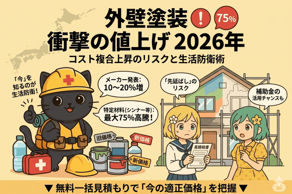 2026年の外壁塗装値上げに関するアイキャッチ画像。ヘルメットを被った猫と女子生徒が、メーカー発表の10-20%増や特定材料の最大75%高騰などのリスクを説明し、無料見積もりを勧めている。日本地図と家屋が描かれている。